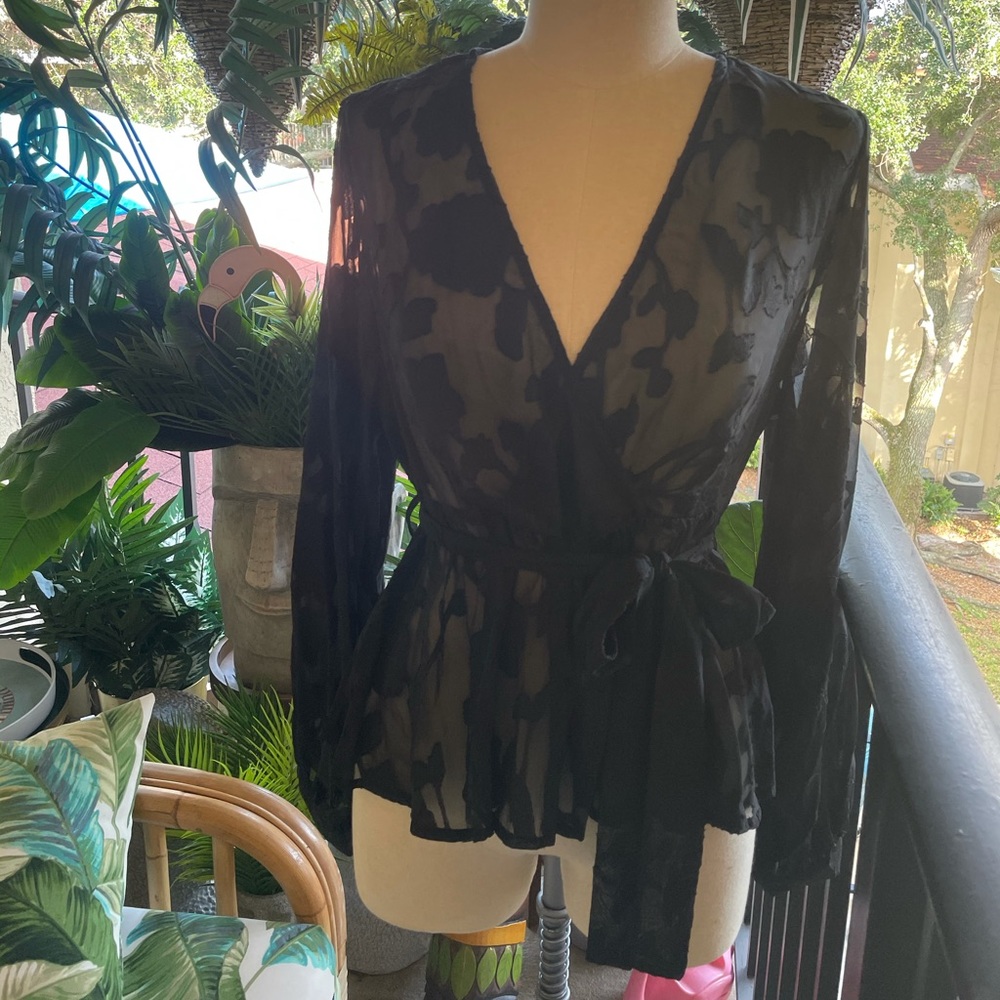 Sheer Burn Out Mock Wrap Top